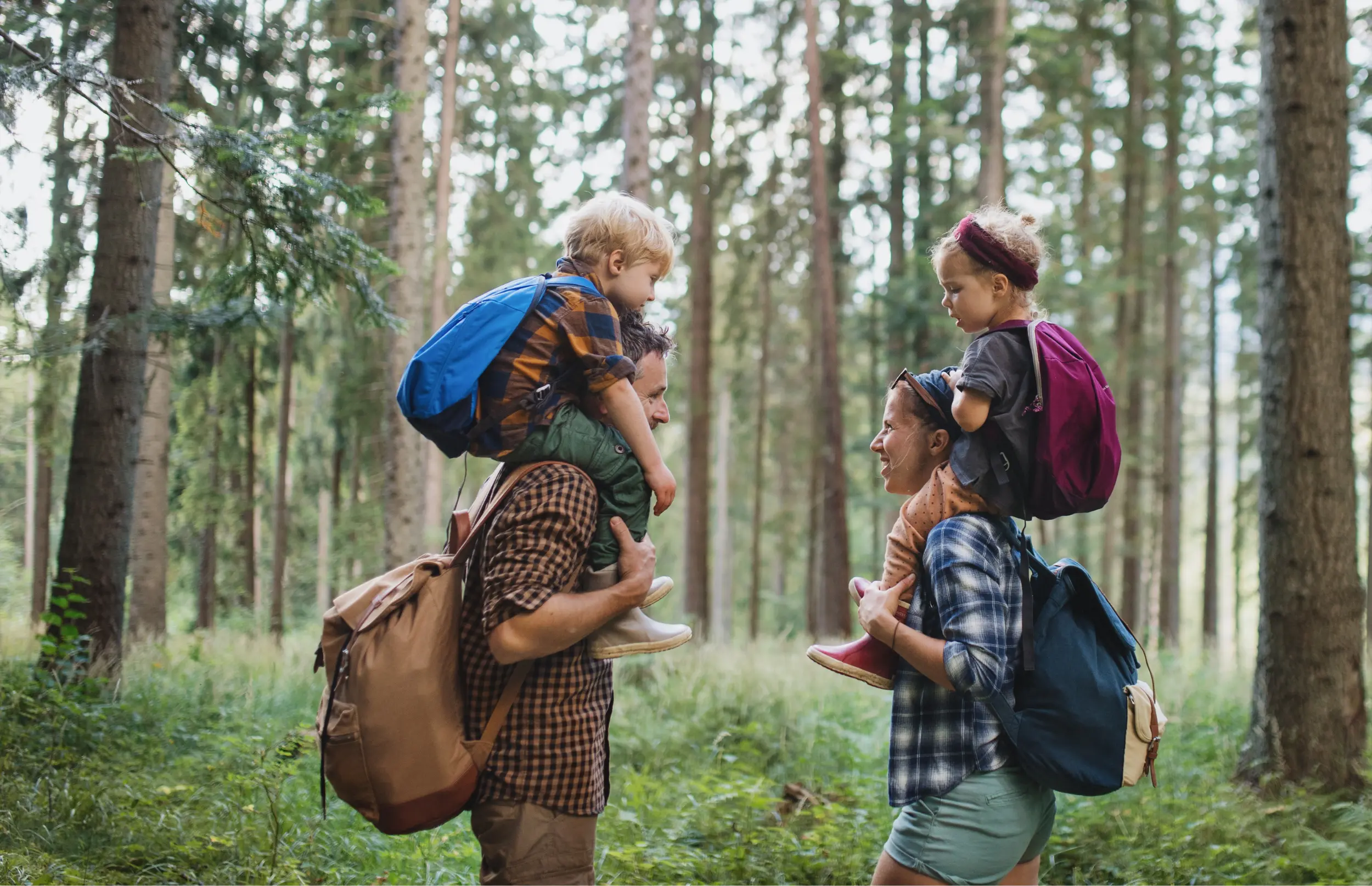 A family with two young children hiking in a forest; each parent carries a child on their shoulders, and everyone has a backpack.